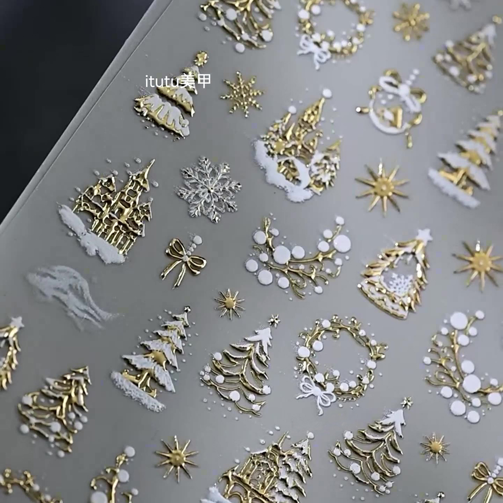 1pc 5D Gold Snow Christmas Tre - Nail Art Xmas Stickers 评论和价格
